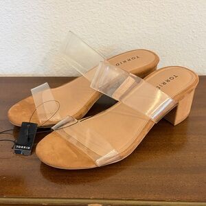 Torrid PVC Block Heel Sandal Tan Brown Sandals with Clear Straps 9.5 NWT